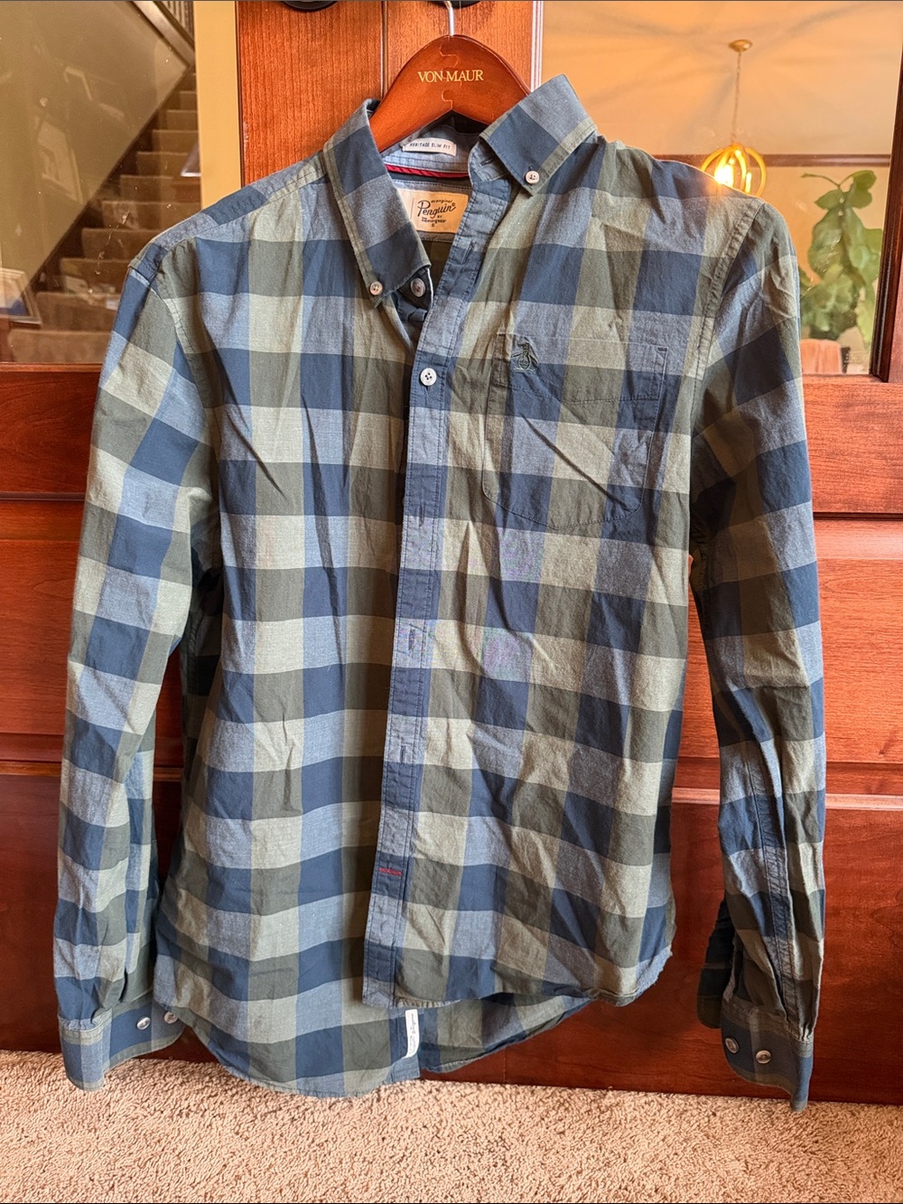 Classic Men's Button-Down Plaid Shirt - Green & Navy Penguin